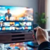 Salon tamisé, télévision allumée, main tenant télécommande et smartphone posé- Abonnement IPTV France (1)