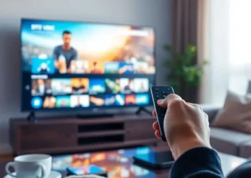 Salon tamisé, télévision allumée, main tenant télécommande et smartphone posé- Abonnement IPTV France (1)
